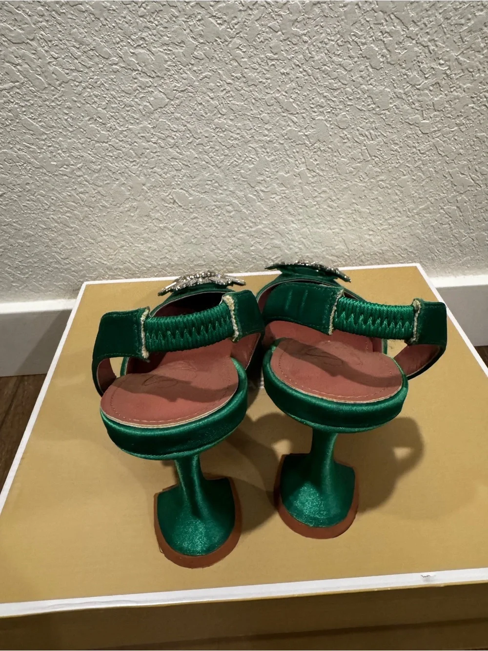 Emerald Satin Pointed Slingback Heels with Crystal Sunburst